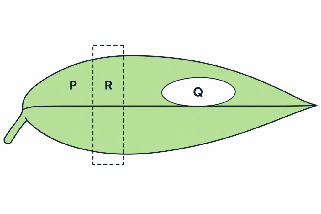 Variegated leaf with parts P, Q and R; dashed strip across the leaf