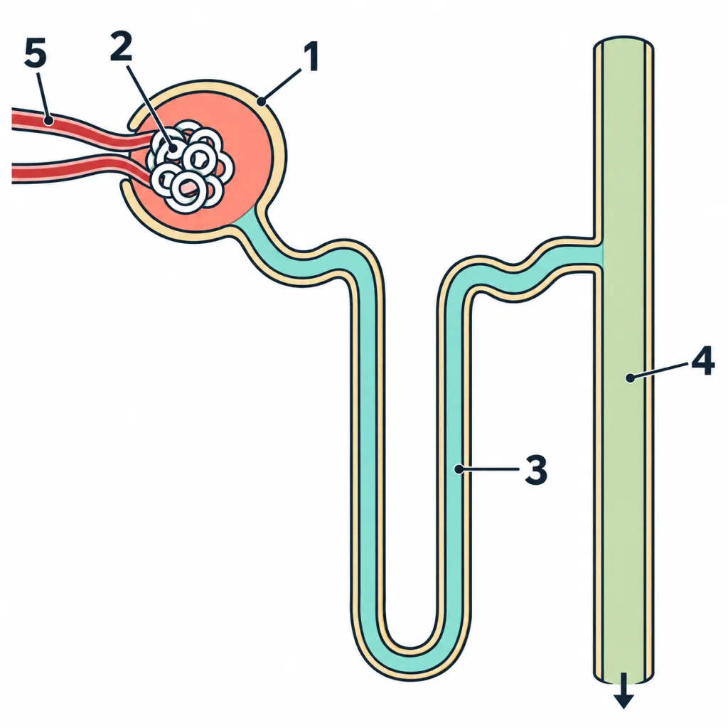 Nephron with numbered labels 1 to 5