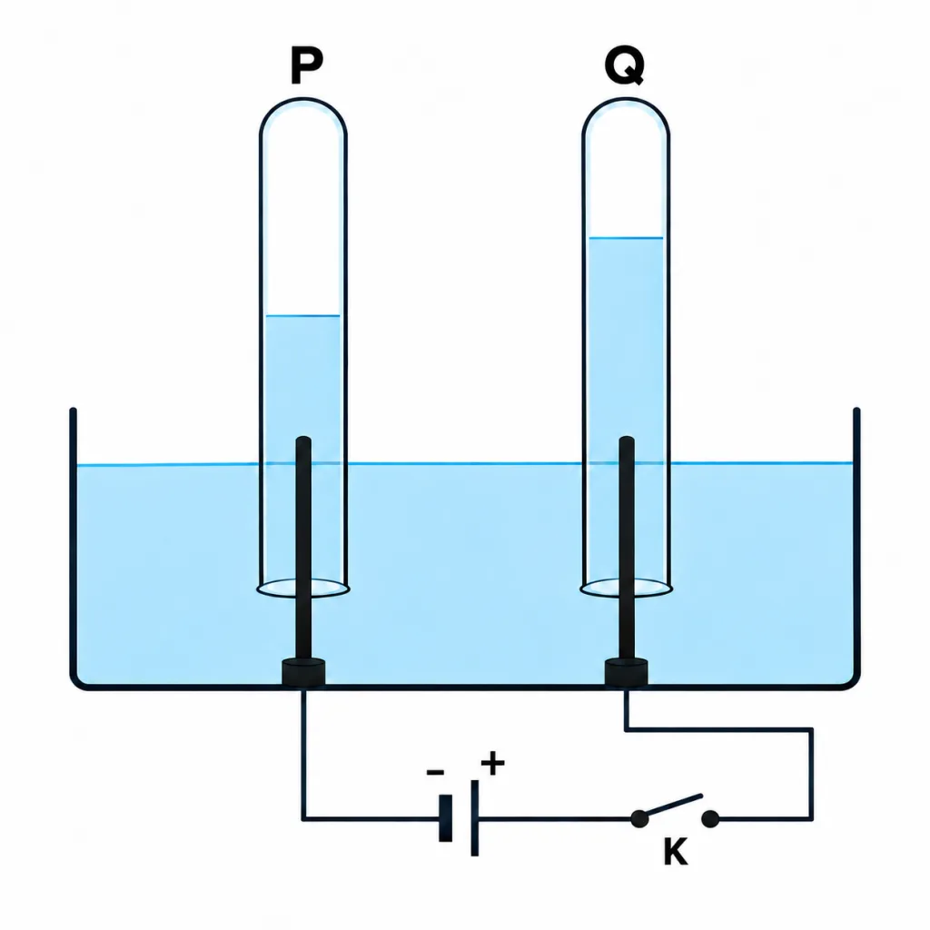 Electrolysis set-up with gas collected in inverted test tubes P and Q