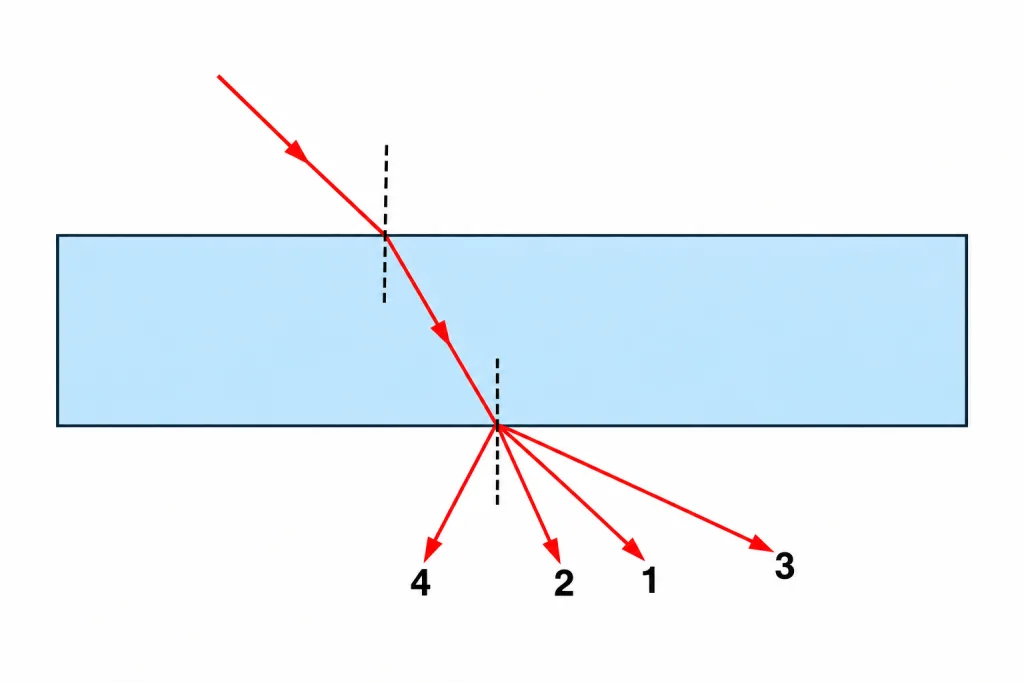 Ray passing through a glass slab with four possible emergent rays