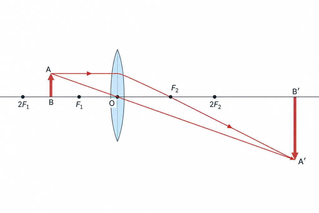 Ray diagram for an object between F1 and 2F1 of a convex lens