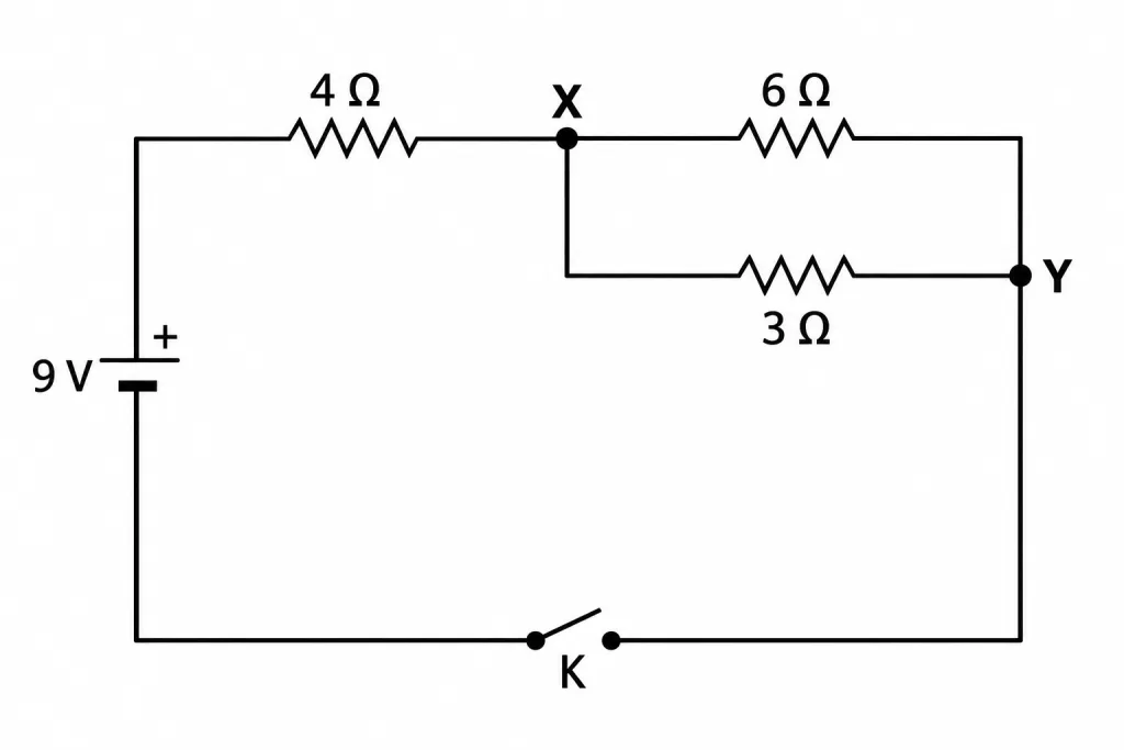 Circuit with a battery, a key and three resistors, two between X and Y