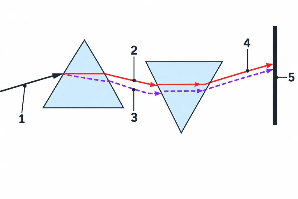 Two glass prisms, the second inverted, with light passing through both