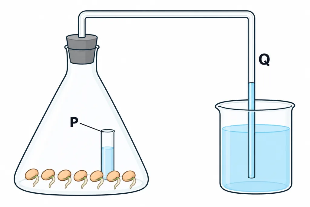 Flask with seeds and small tube P; delivery tube Q into a beaker