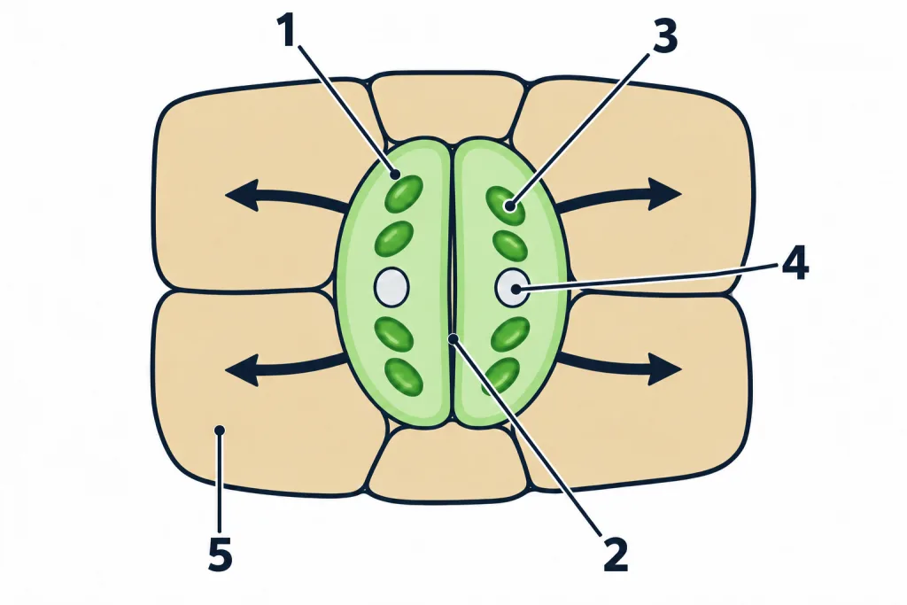 Closed stoma with arrows and numbered labels 1 to 5