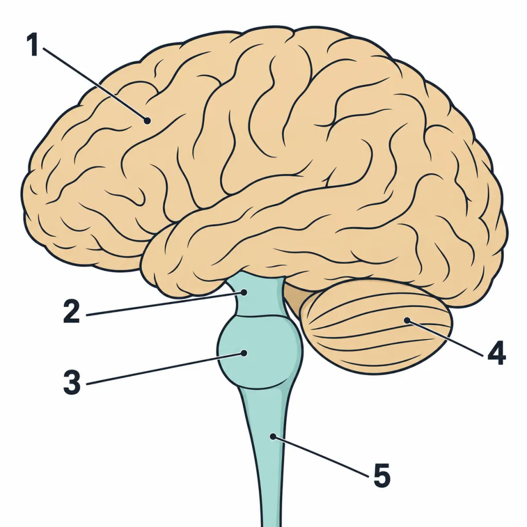 Side view of the brain with numbered labels 1 to 5