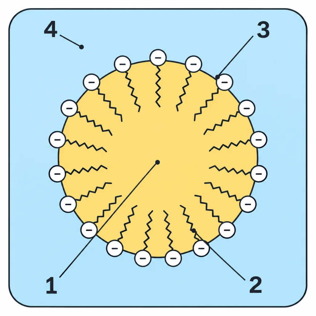 Soap micelle round a drop of oil, with numbered labels 1 to 4
