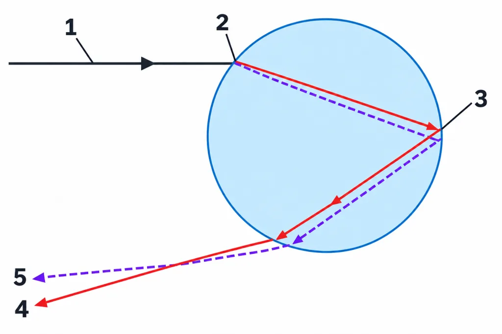Light passing through a raindrop, with numbered labels 1 to 5