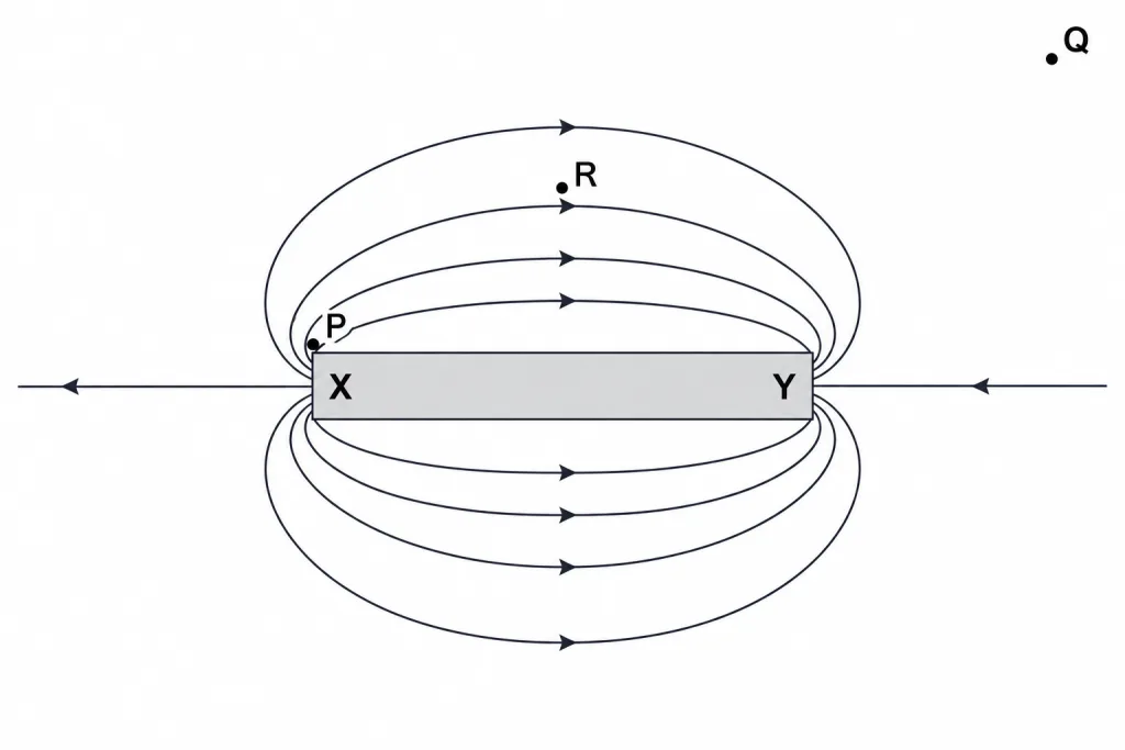 Bar magnet field lines, with ends X, Y and points P, Q, R