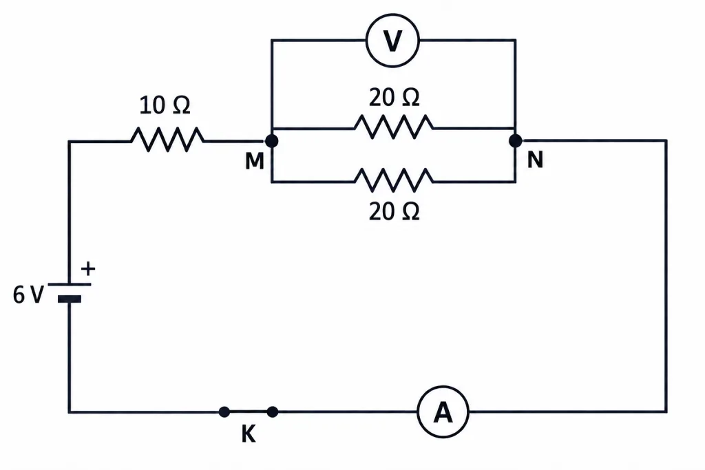 Circuit with a battery, key, ammeter, voltmeter and three resistors