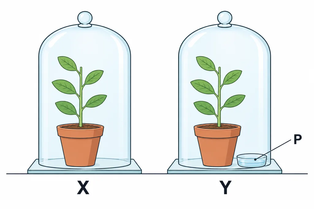 Two potted plants under bell jars X and Y; watch glass P