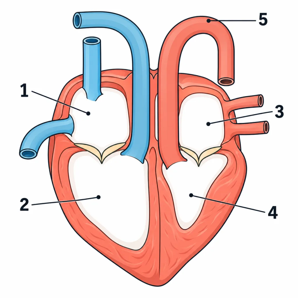 Schematic section of the heart with numbered labels 1 to 5