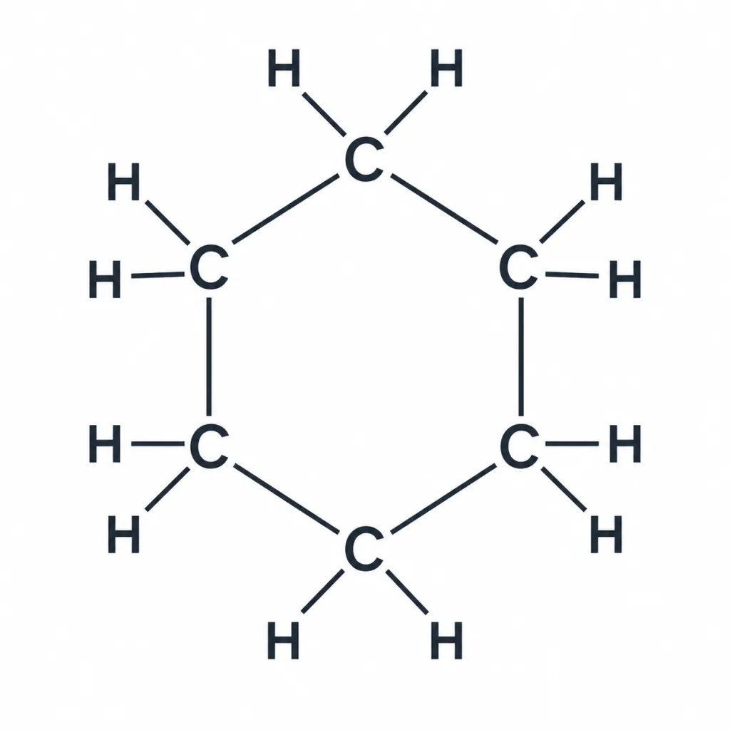 Structural formula of a ring of six carbon atoms with hydrogens