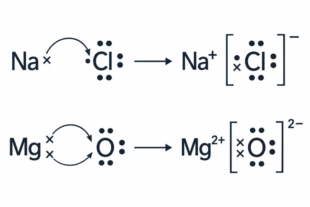 Electron transfer from Na to Cl and from Mg to O