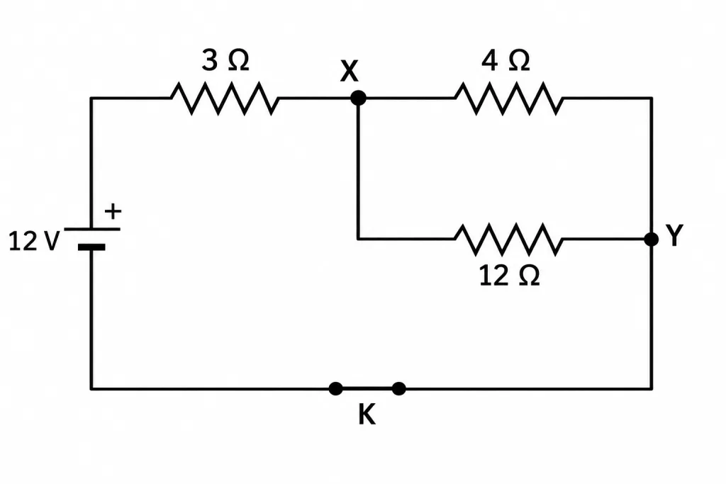 Circuit with a battery, a key and three resistors, two between X and Y