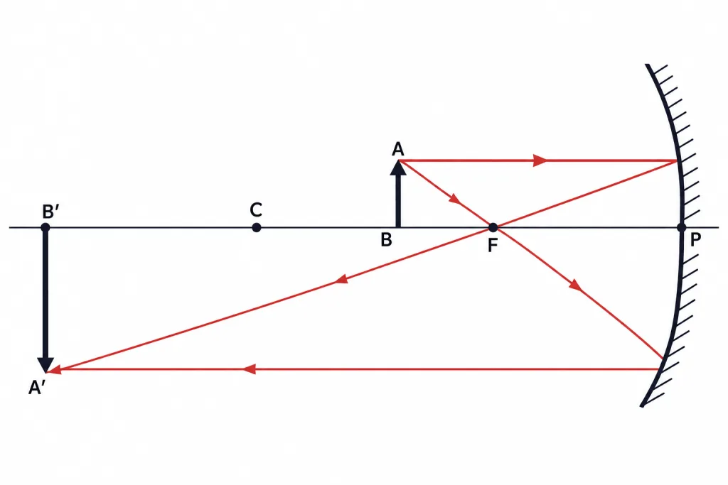 Concave mirror ray diagram with object between C and F