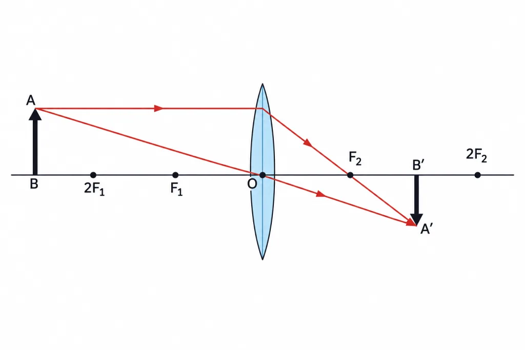 Convex lens ray diagram with object beyond 2F1