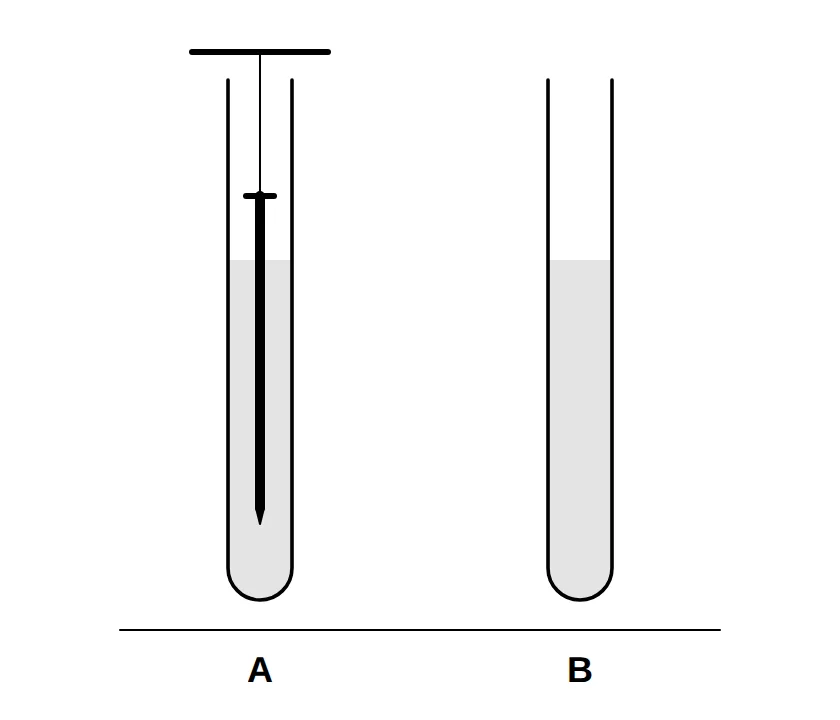 Test tubes A and B; an iron nail hangs by a thread in A