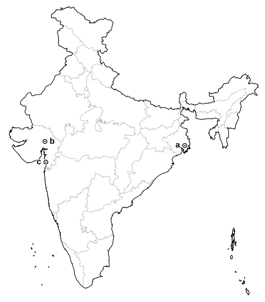 Answer map of India with places a, b and c marked