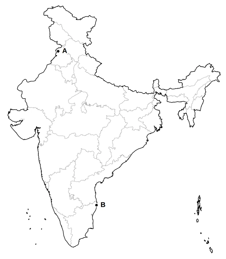 Outline map of India with two places marked A and B