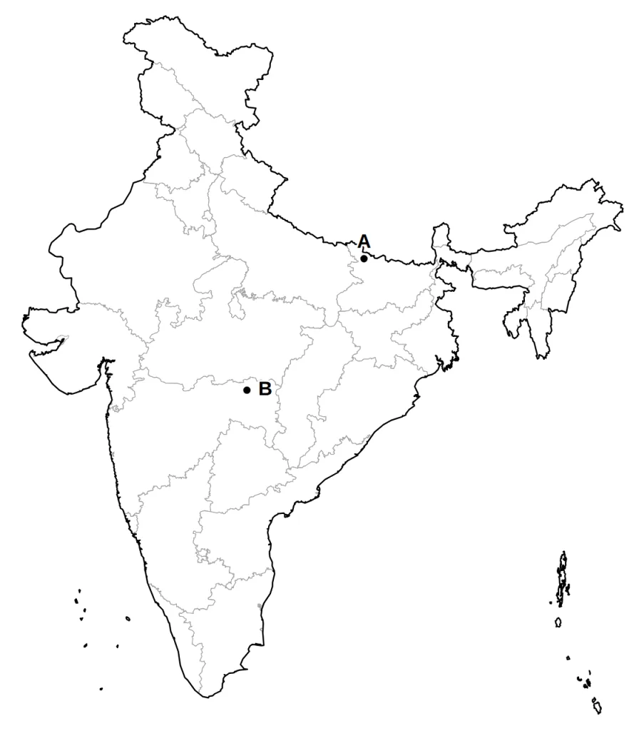 Outline map of India with two places marked A and B