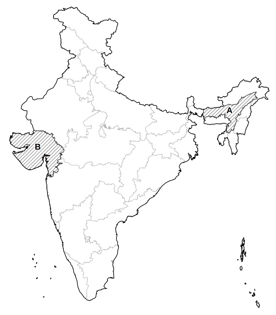भारत का रेखा-मानचित्र, जिसमें दो राज्य छायांकित और A, B से अंकित हैं