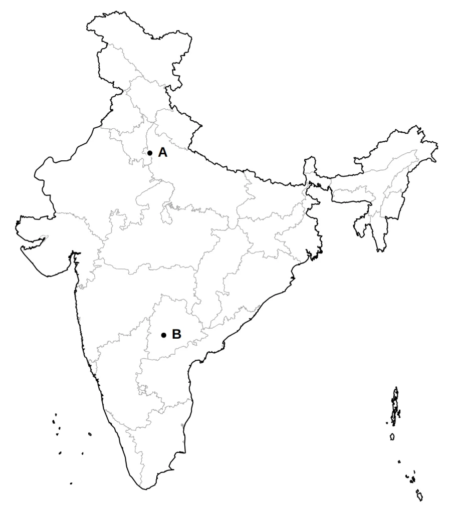 Outline map of India with two places marked A and B