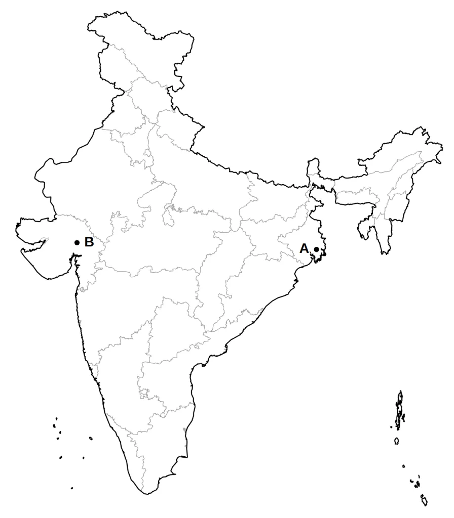 Outline map of India with two places marked A and B