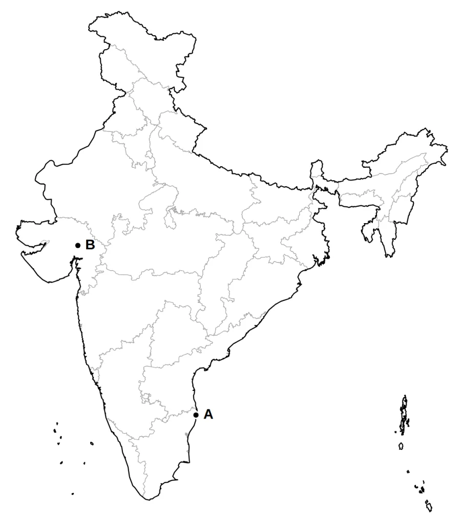 Outline map of India with two places marked A and B