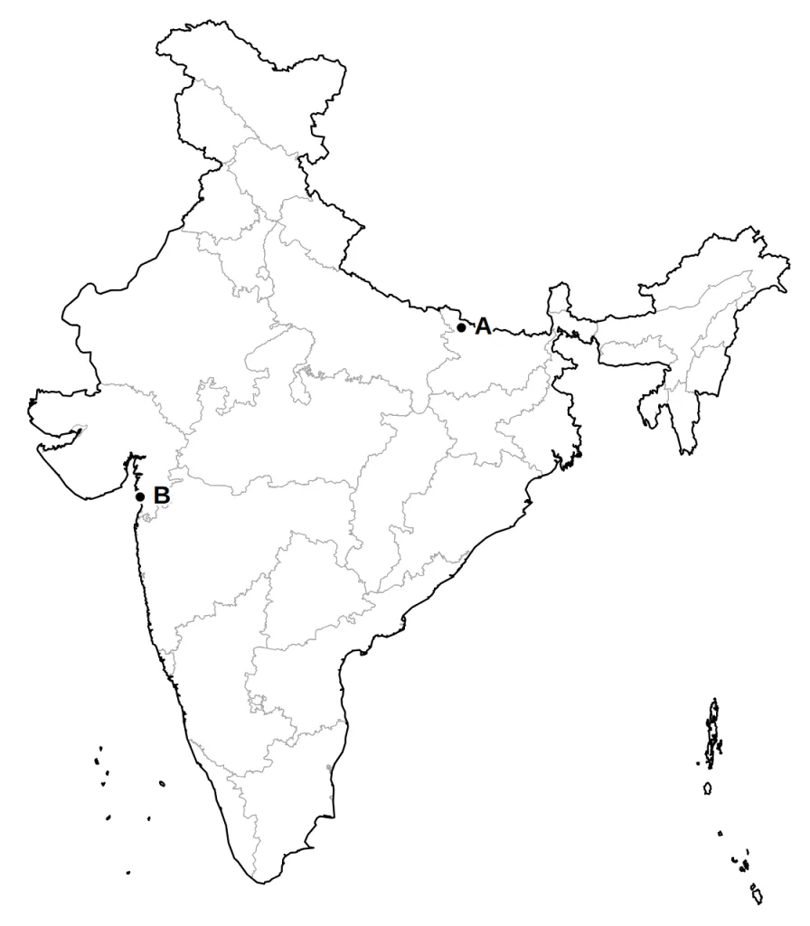Outline map of India with two places marked A and B