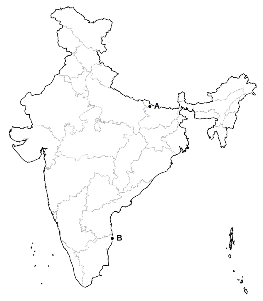 Outline map of India with two places marked A and B