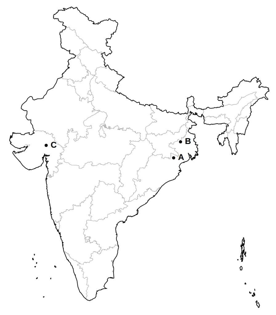 Outline map of India with places marked A, B and C