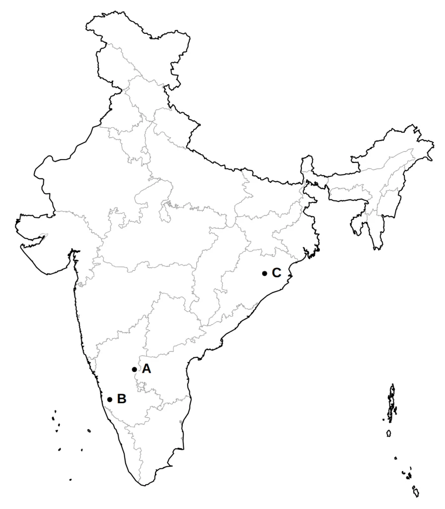 Outline map of India with places marked A, B and C