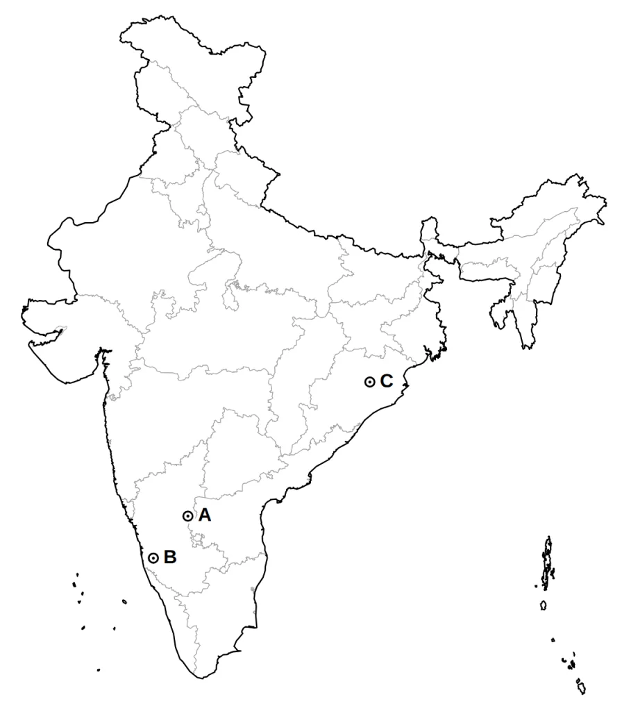 Answer map showing places A, B and C with symbols