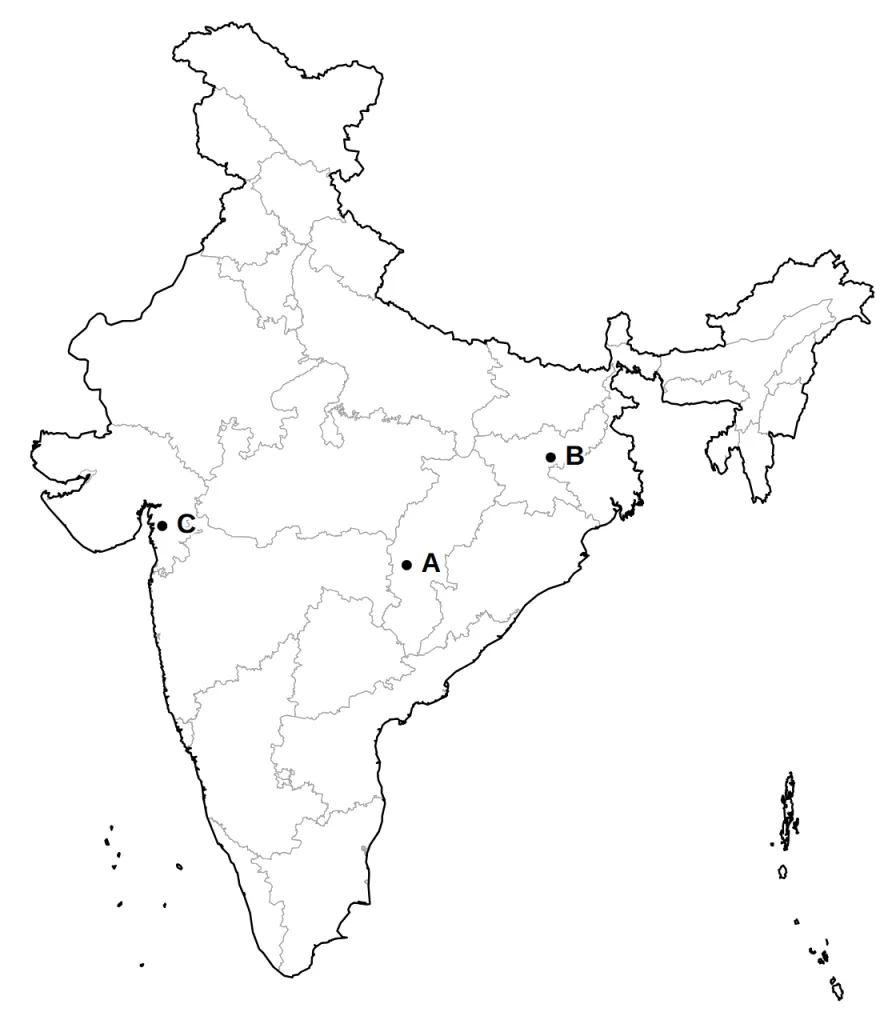 Outline map of India with places marked A, B and C