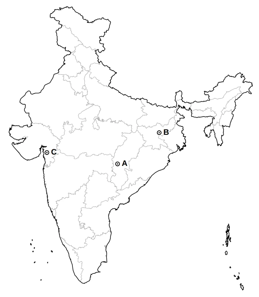 Answer map showing places A, B and C with symbols