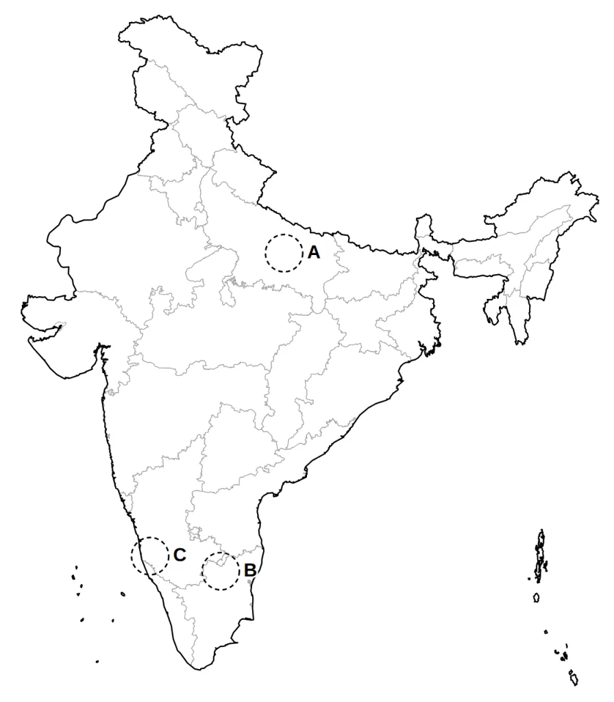 Outline map of India with three areas ringed and marked A, B, C
