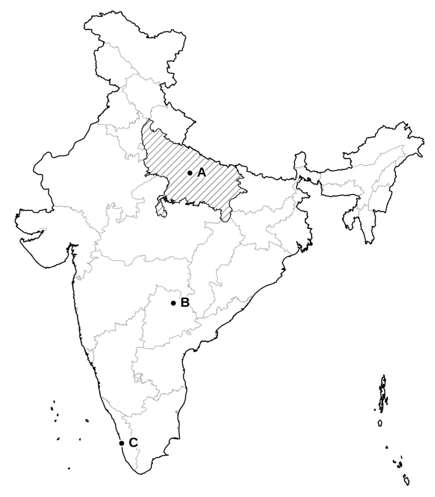 Outline map of India with one state shaded and places A, B, C marked