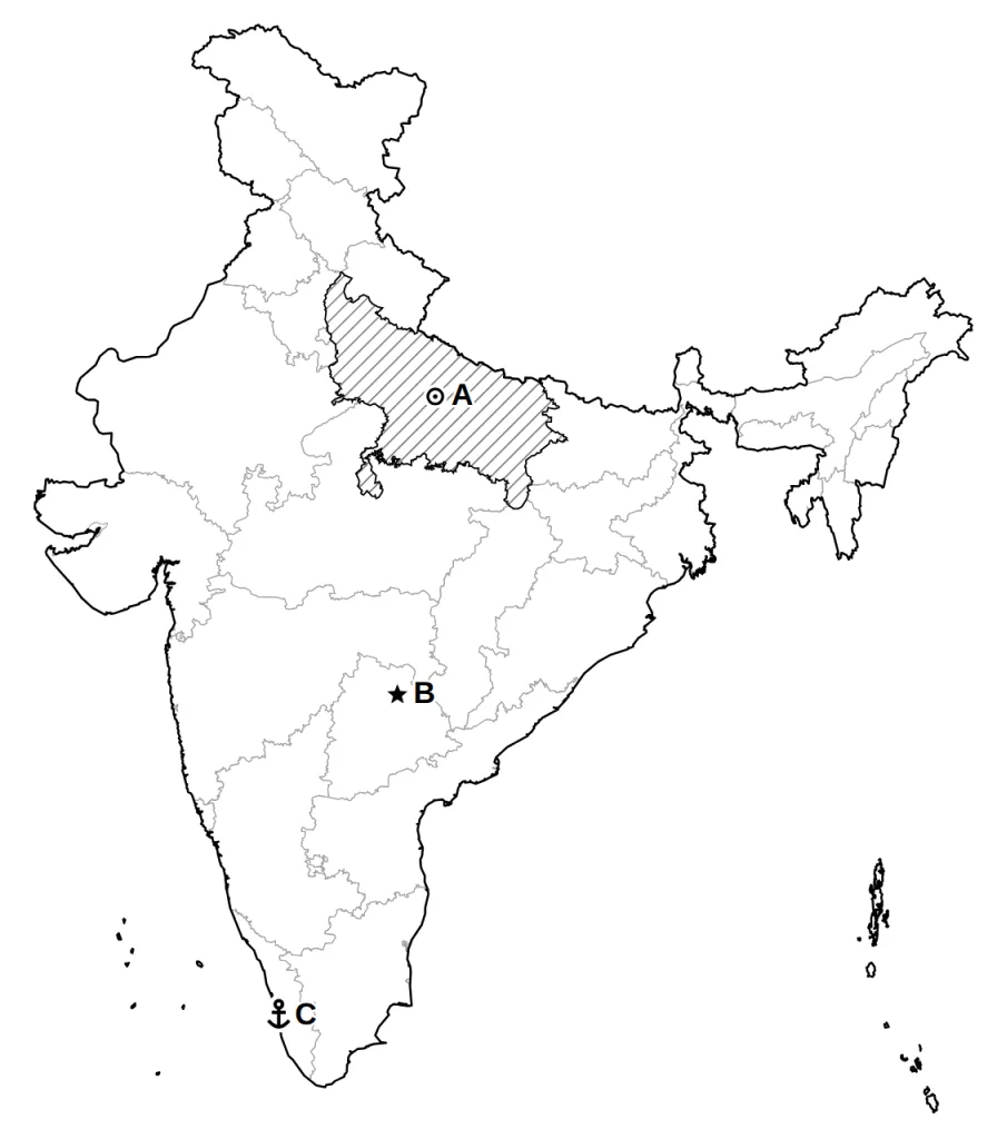 Answer map showing places A, B and C with symbols