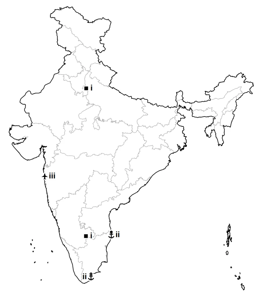 Answer map with the places of each part marked