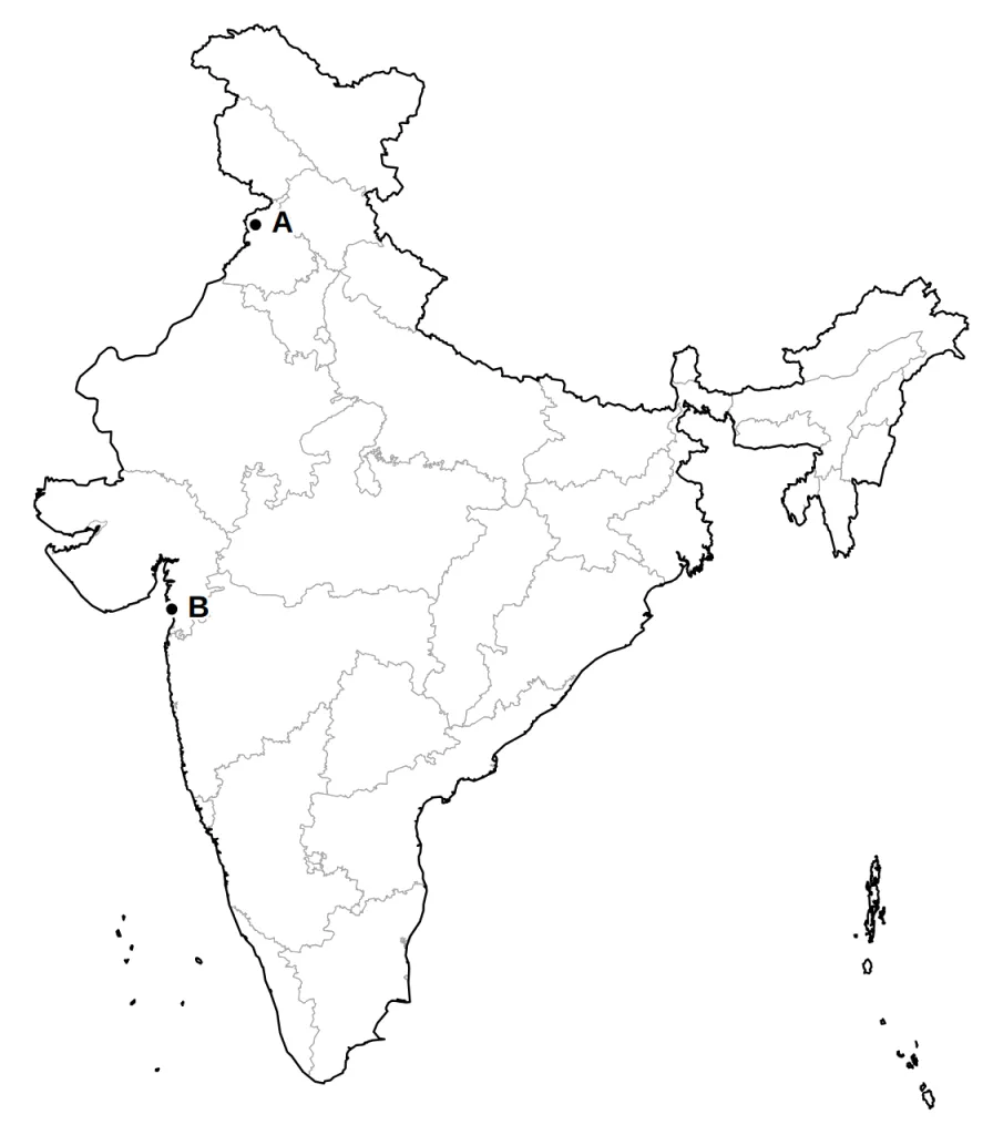 Outline map of India with places marked A and B