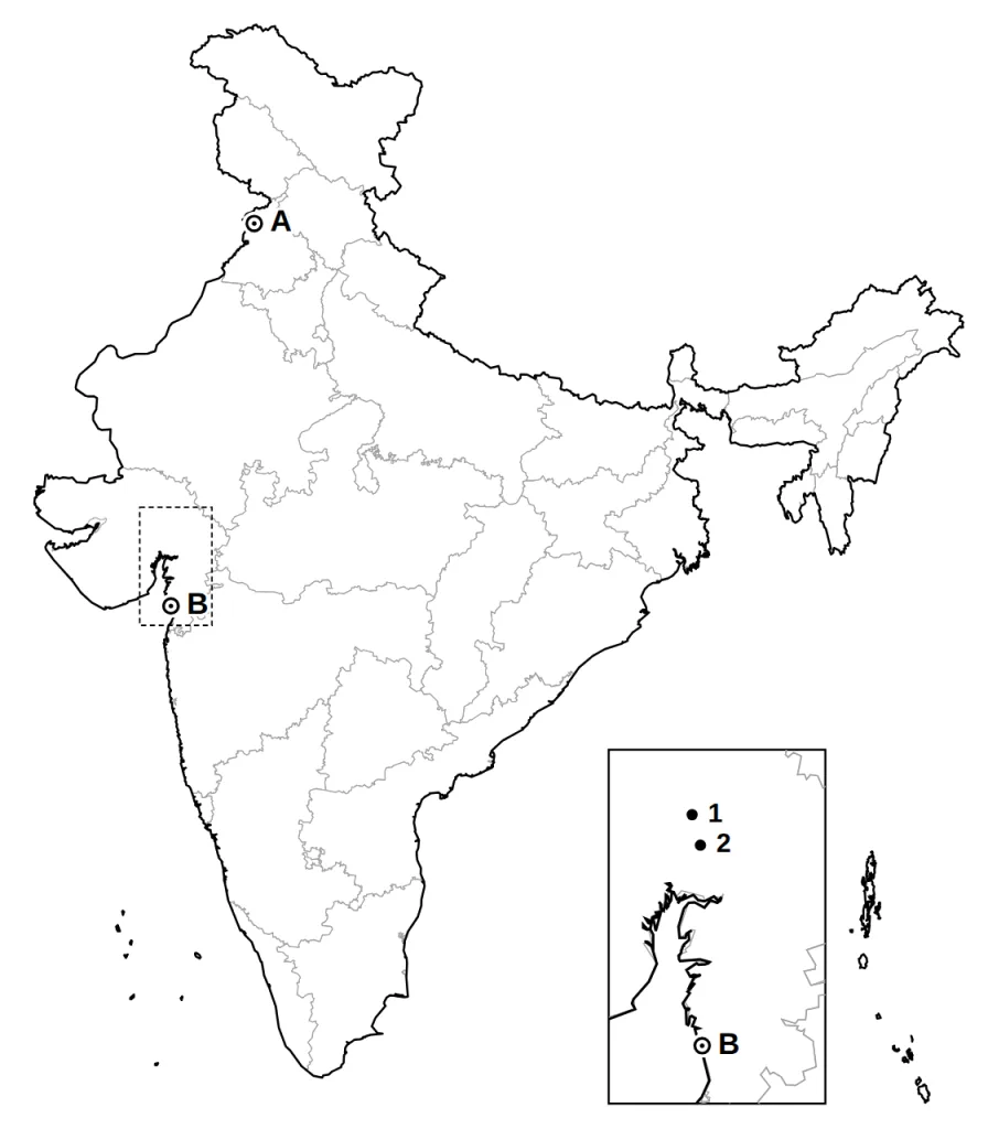 Answer map showing places A and B with symbols