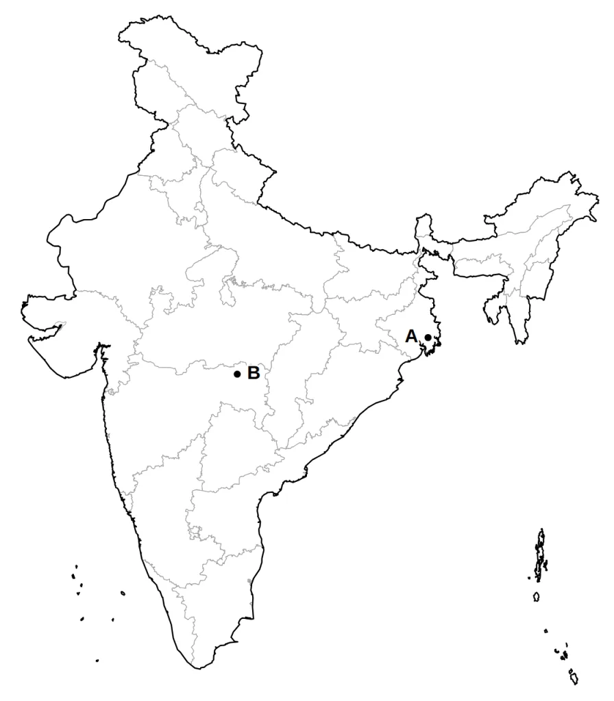 Outline map of India with places marked A and B