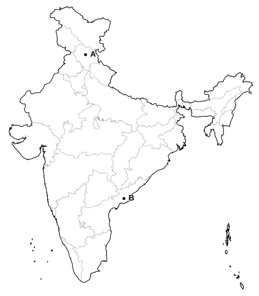 भारत का रेखा-मानचित्र, जिस पर दो क्षेत्र A और B अंकित हैं