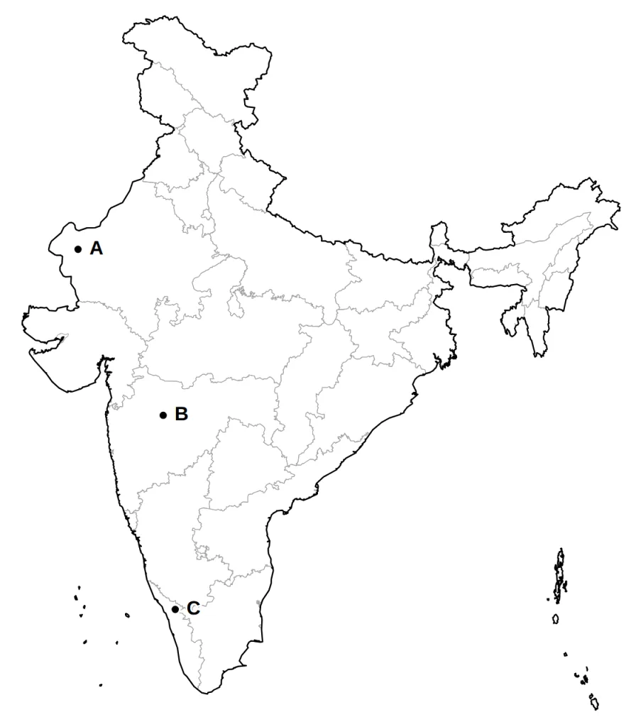 भारत का रेखा-मानचित्र, जिस पर तीन क्षेत्र A, B और C अंकित हैं