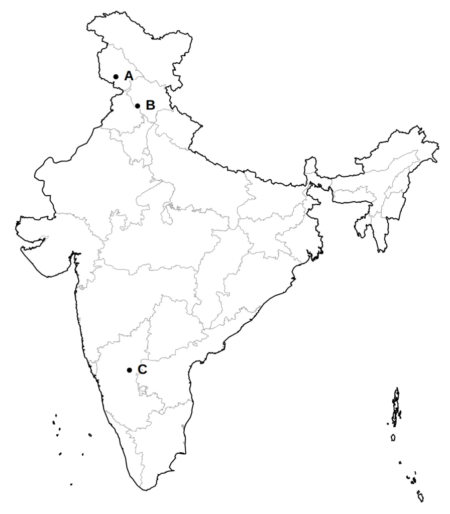 Outline map of India with three places marked A, B and C