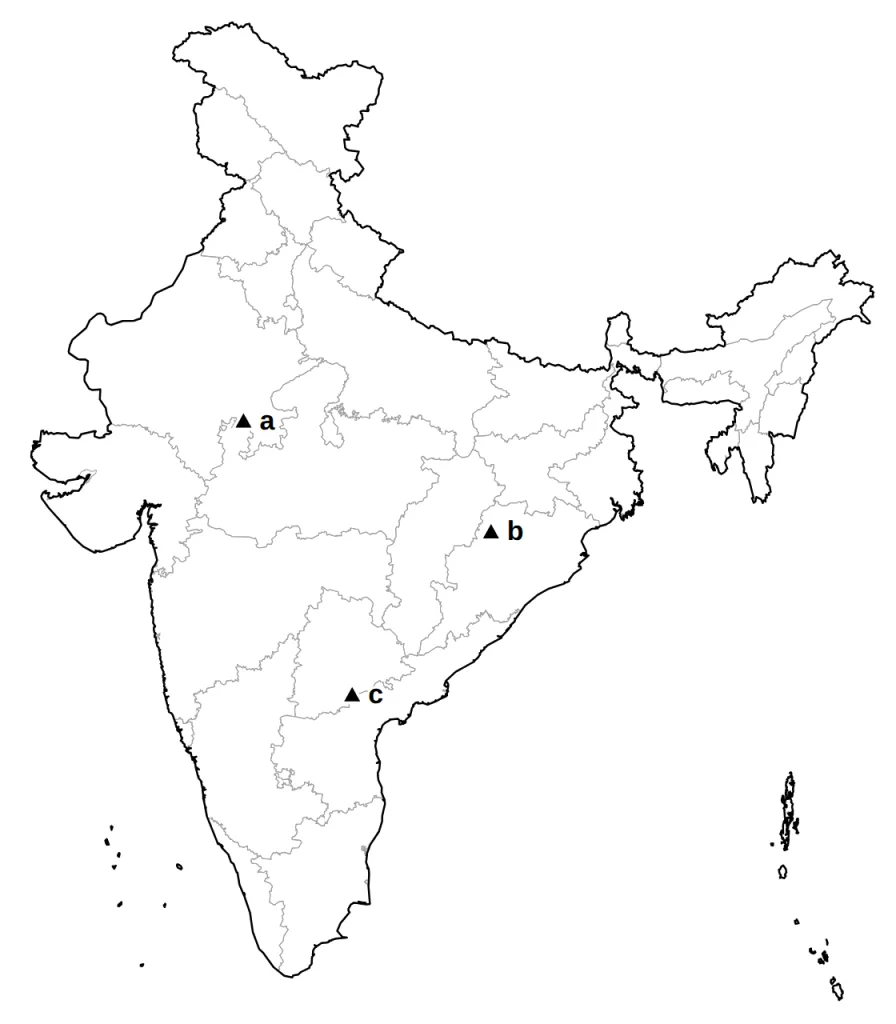 Answer map of India with dams a, b and c marked