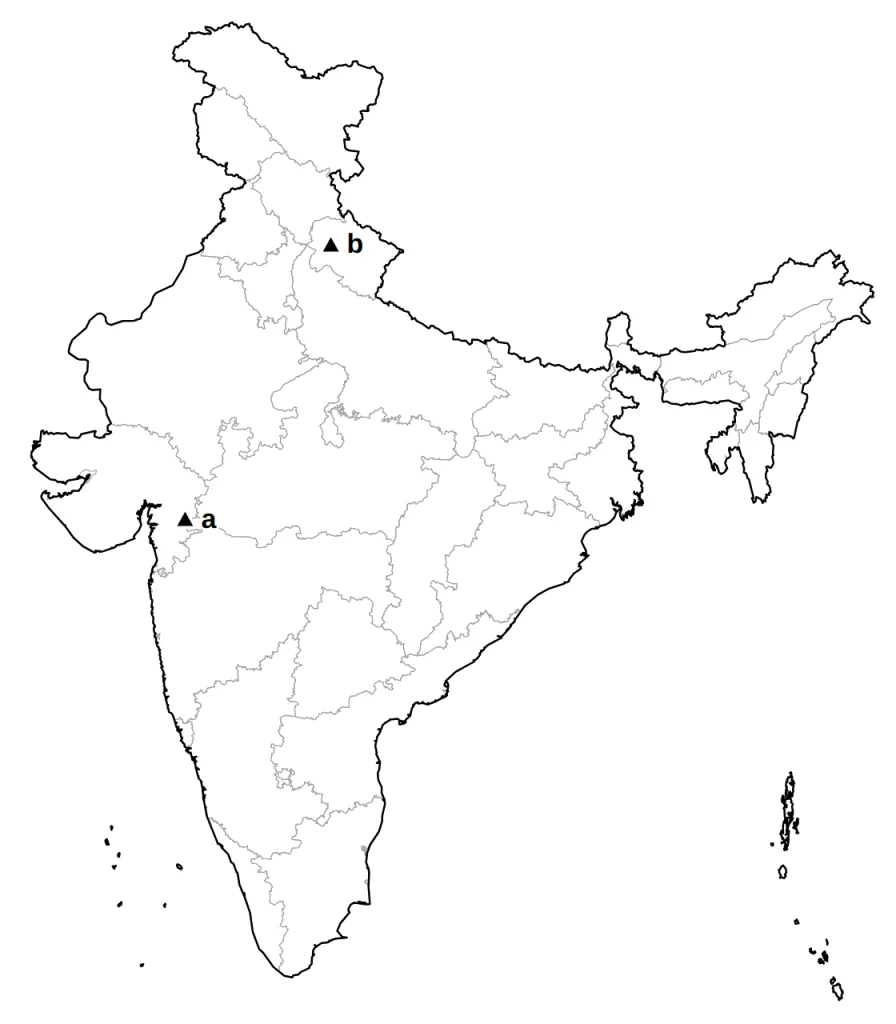 Answer map of India with dams a and b marked