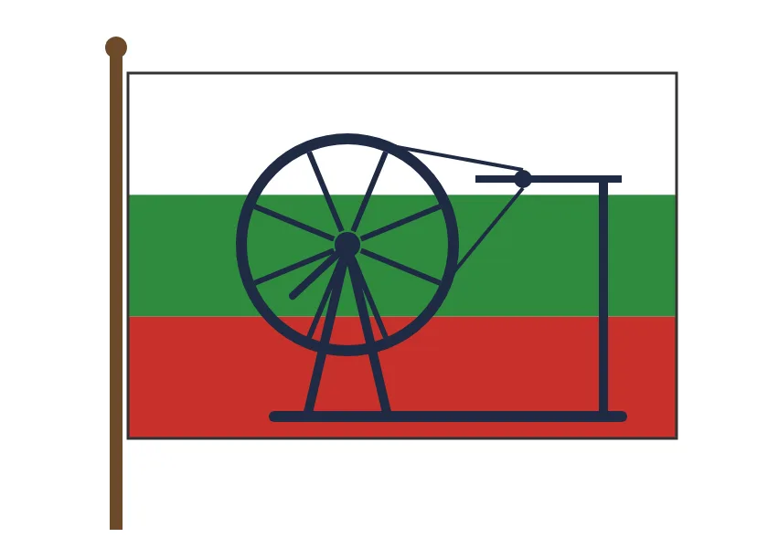 A flag with three horizontal bands and a symbol at the centre