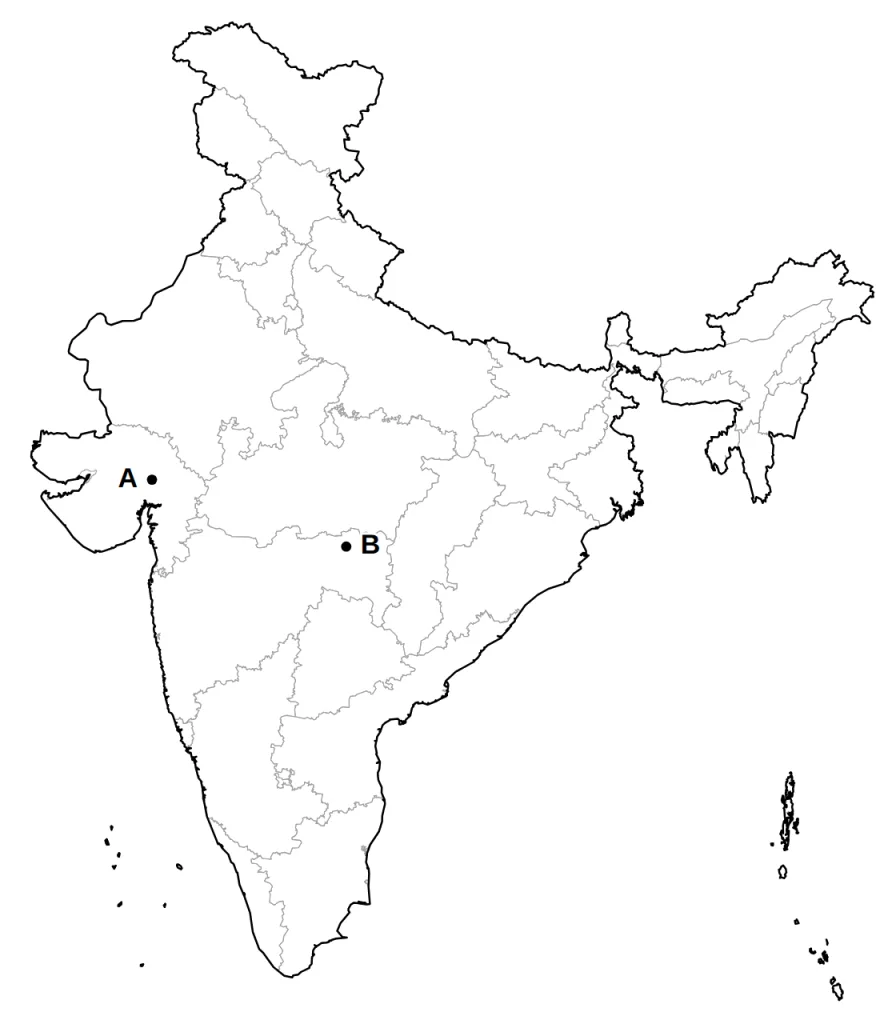 Outline map of India with two places marked A and B